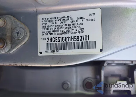 2001 Honda Civic Lx from USA, damaged, VIN 2HGES16511H593701